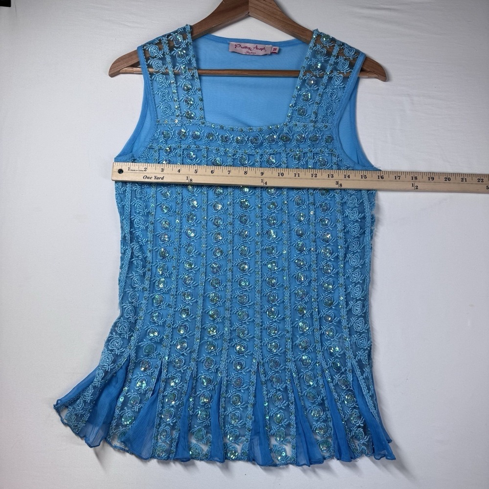 Pretty Angel Tank Top Sz M Silk Mesh Y2K Sheer Sequined Fairy Feminine Bling - Picture 6 of 12